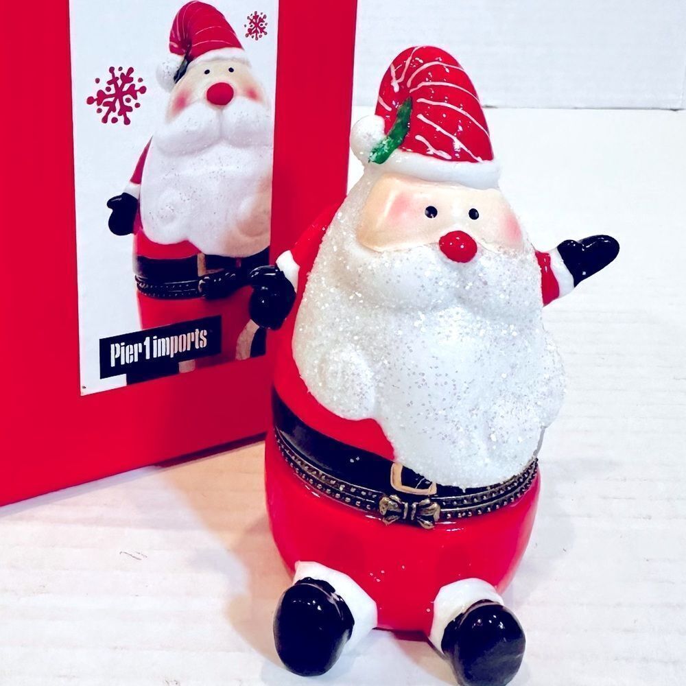 Pier 1 Ceramic Christmas Holiday Santa‎ Hinged Trinket Box Present Inside NIB